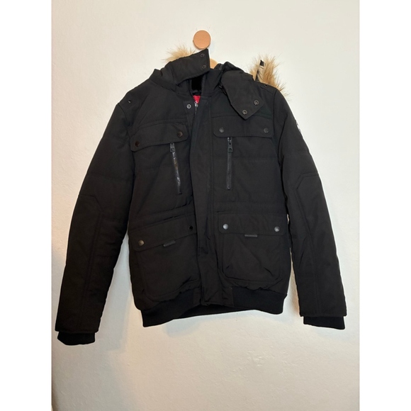 NEW! GUESS FAUX FUR HOOD PUFFER WINTER JACKET FOR MEN, BLACK SIZE SMALL - Picture 3 of 10